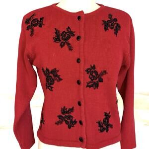 Vintage Lise J Cardigan Sweater Sz S Cardinal Red Black Embroidery and Beading